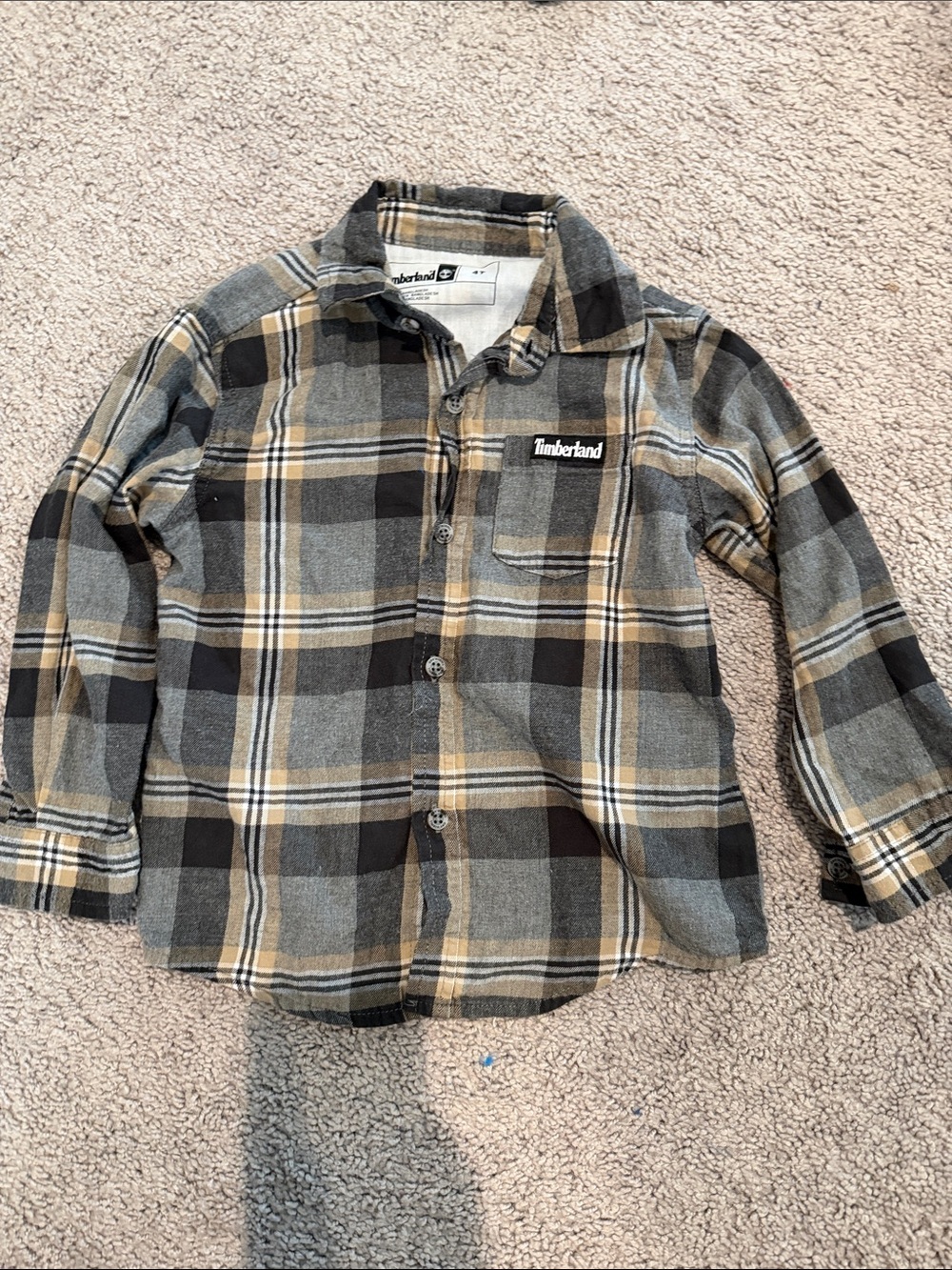 Timberland Boys Plaid Button-Up Shirt in Gray, Black & Tan